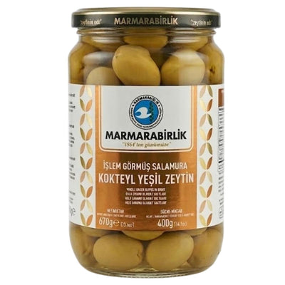 Marmarabirlik - Cocktail Green Olives Jar (400g): Premium Turkish green olives in brine, perfect for cocktails and entertaining. Enjoy authentic Marmarabirlik quality—ideal for olive lovers across the UK.