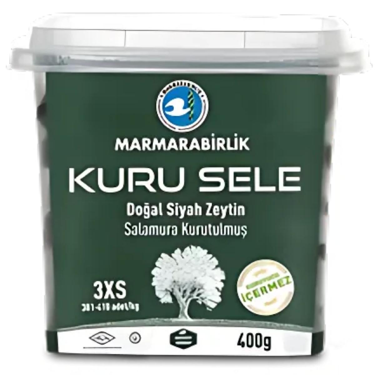 This 400g Marmarabirlik Natural Black Olives container, featuring green packaging with a white tree design, is perfect for snacking.