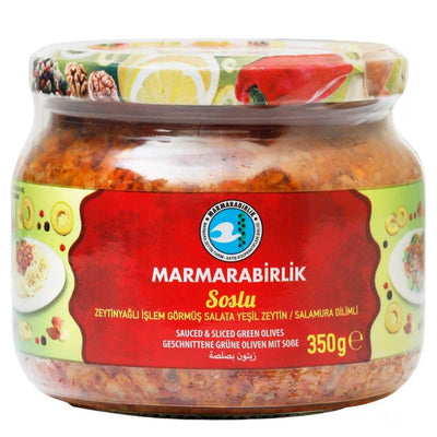 A 350g glass jar of Marmarabirlik Sauced and Sliced Green Olives, with a vibrant label featuring olive and dish imagery, from Marmarabirlik.