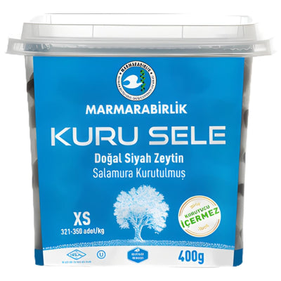 A 400g container of Marmarabirlik Kuru Sele - Dried Black Olives XS, featuring blue and white packaging with Turkish text.