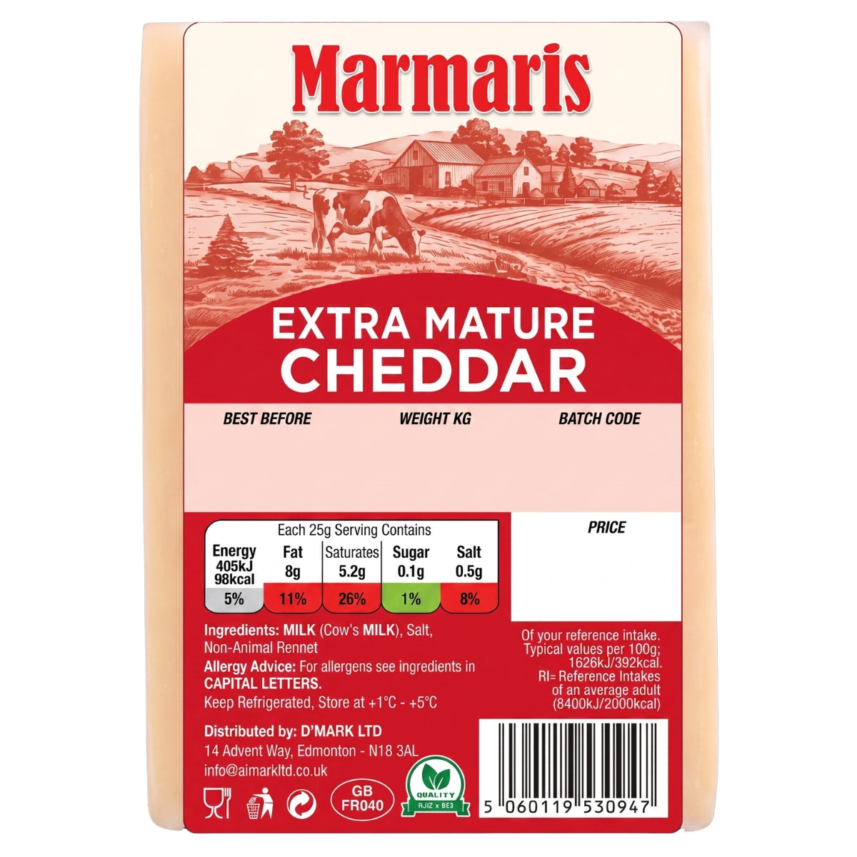 Marmaris - Extra Mature Cheddar Cheese - 140g is a block of cheddar cheese from the Marmaris brand, made from cow’s milk and crafted with non-animal rennet. The packaging features nutritional information, ingredients, and storage instructions.