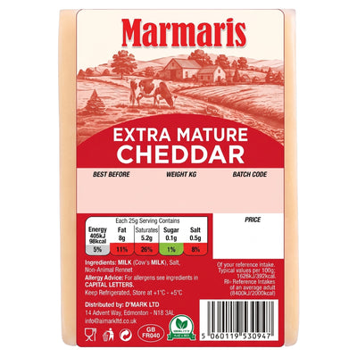 Marmaris - Extra Mature Cheddar Cheese - 140g is a block of cheddar cheese from the Marmaris brand, made from cow’s milk and crafted with non-animal rennet. The packaging features nutritional information, ingredients, and storage instructions.