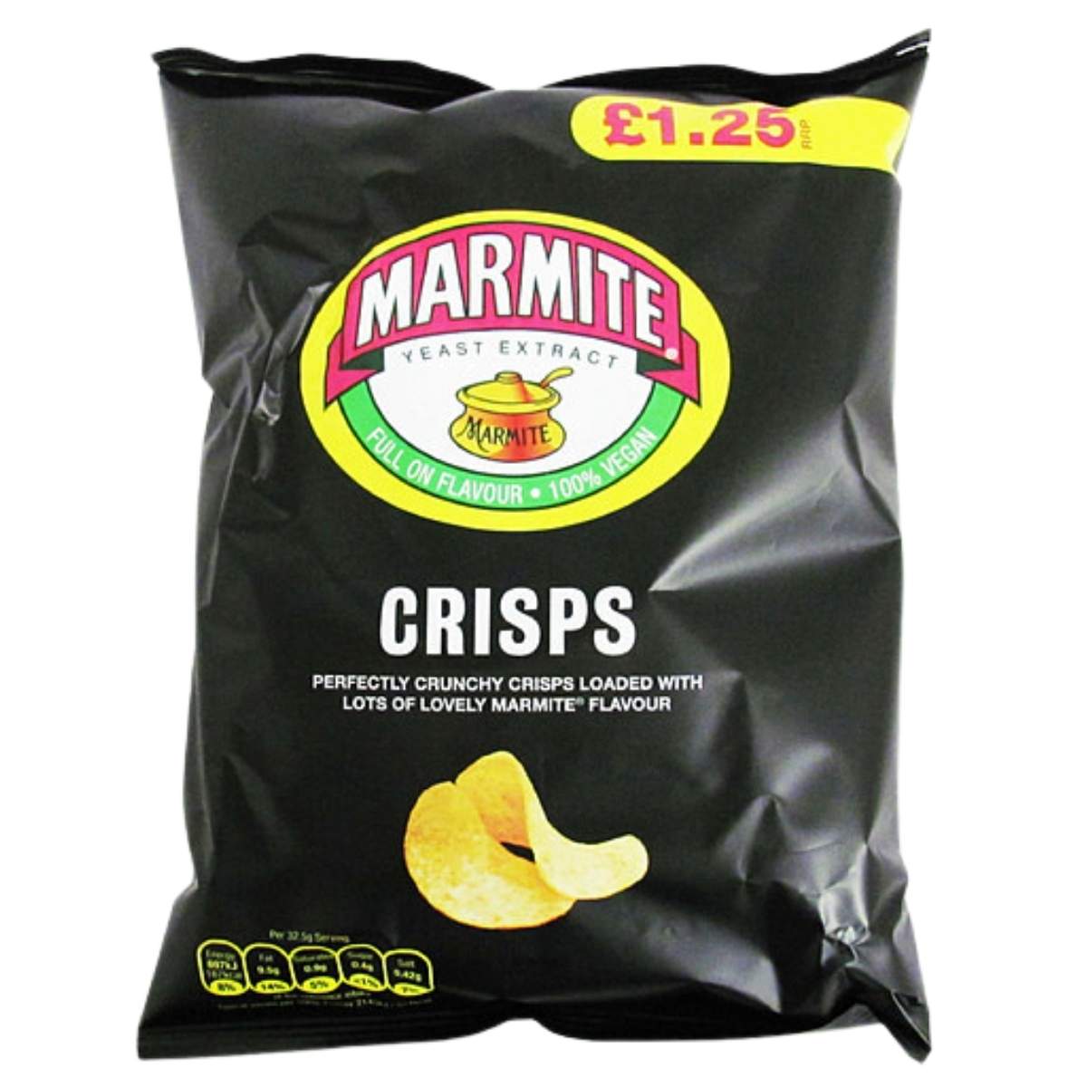 A 65g bag of Marmite crisps priced at £1.25, showcasing the iconic Marmite logo along with appetizing crisp imagery on a sleek black background.