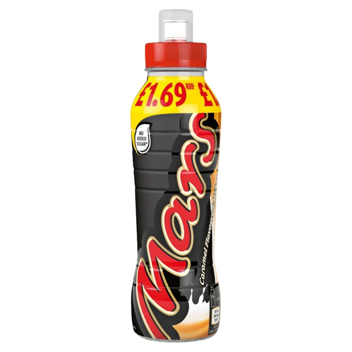A 350ml Mars Caramel Flavoured Milk Drink bottle with a £1.69 price label and "no added sugar" on the packaging.