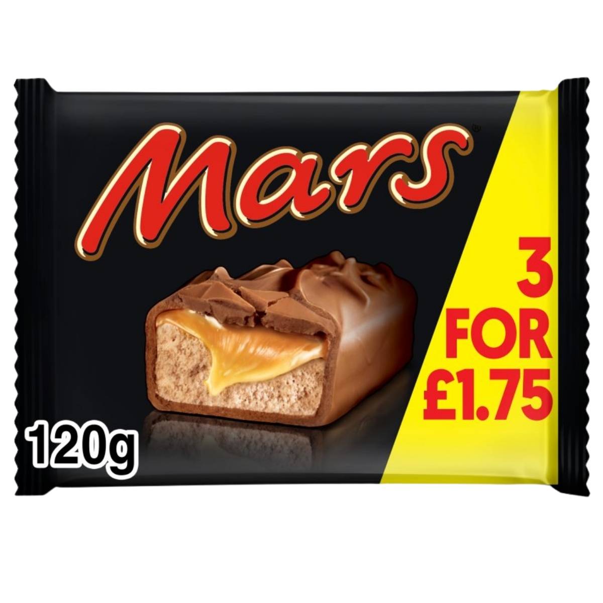A Mars - Chocolate Bar Multipack (3 x 40g) is displayed in black packaging. The text "3 for £1.75" appears in bold red and yellow.