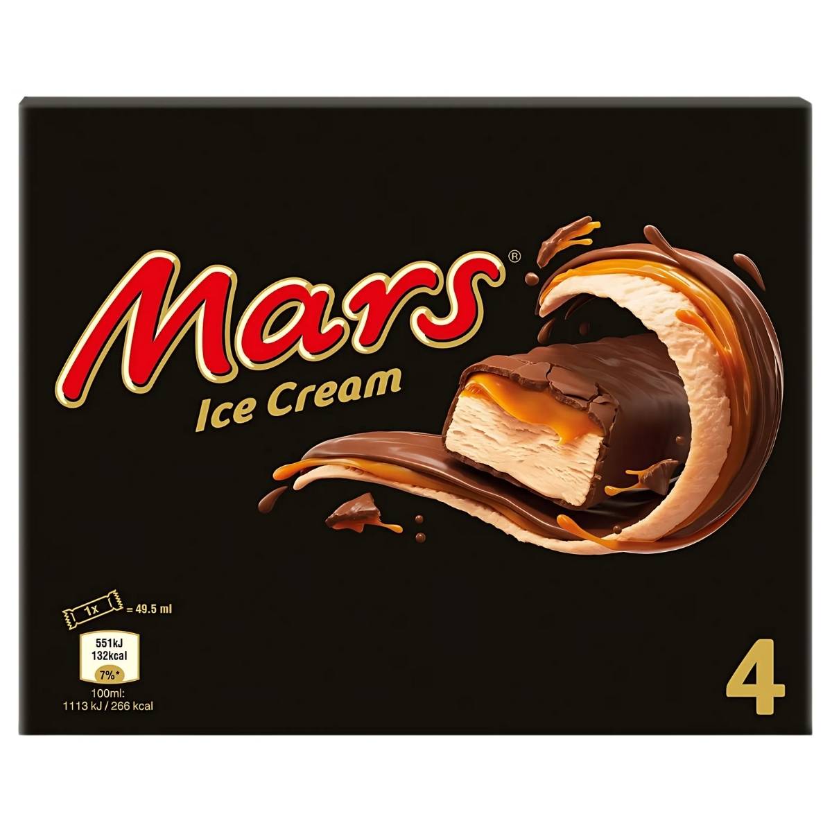 The Mars Ice Cream Multipack - 4 x 40g packaging highlights an enticing chocolate-enrobed ice cream bar with a caramel swirl set against a stylish black backdrop. This luxurious dessert boasts creamy vanilla ice cream inside and includes four delicious bars.