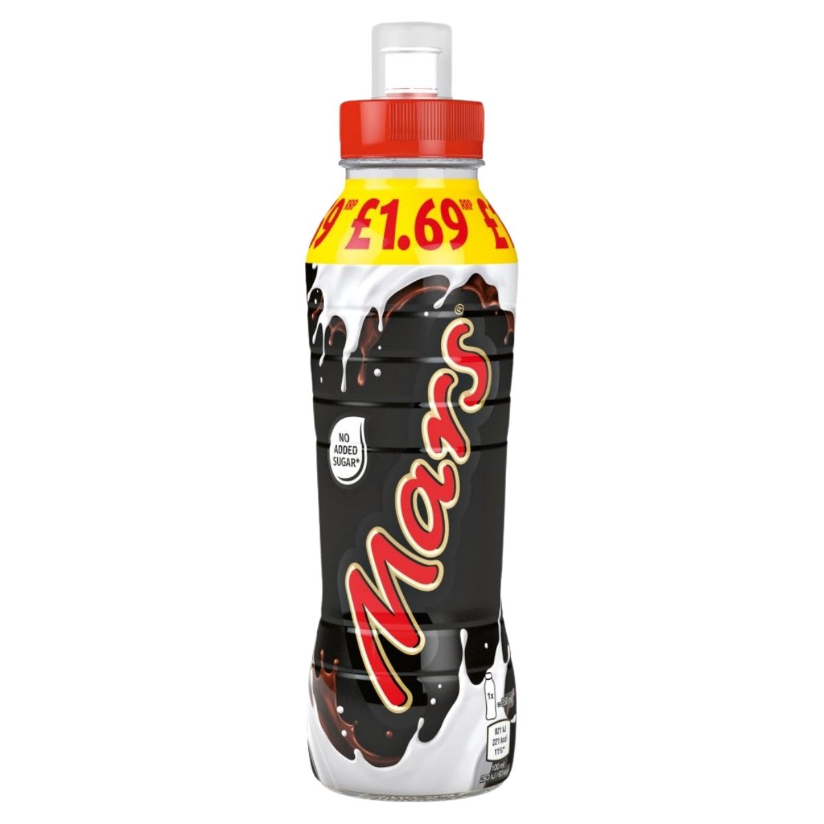 A 350ml bottle of Mars Malt & Caramel Flavoured Milk Drink with a red and yellow label, priced at £1.69, featuring "No Added Sugar" on the front.
