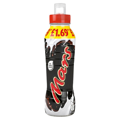 A 350ml bottle of Mars Malt & Caramel Flavoured Milk Drink with a red and yellow label, priced at £1.69, featuring "No Added Sugar" on the front.