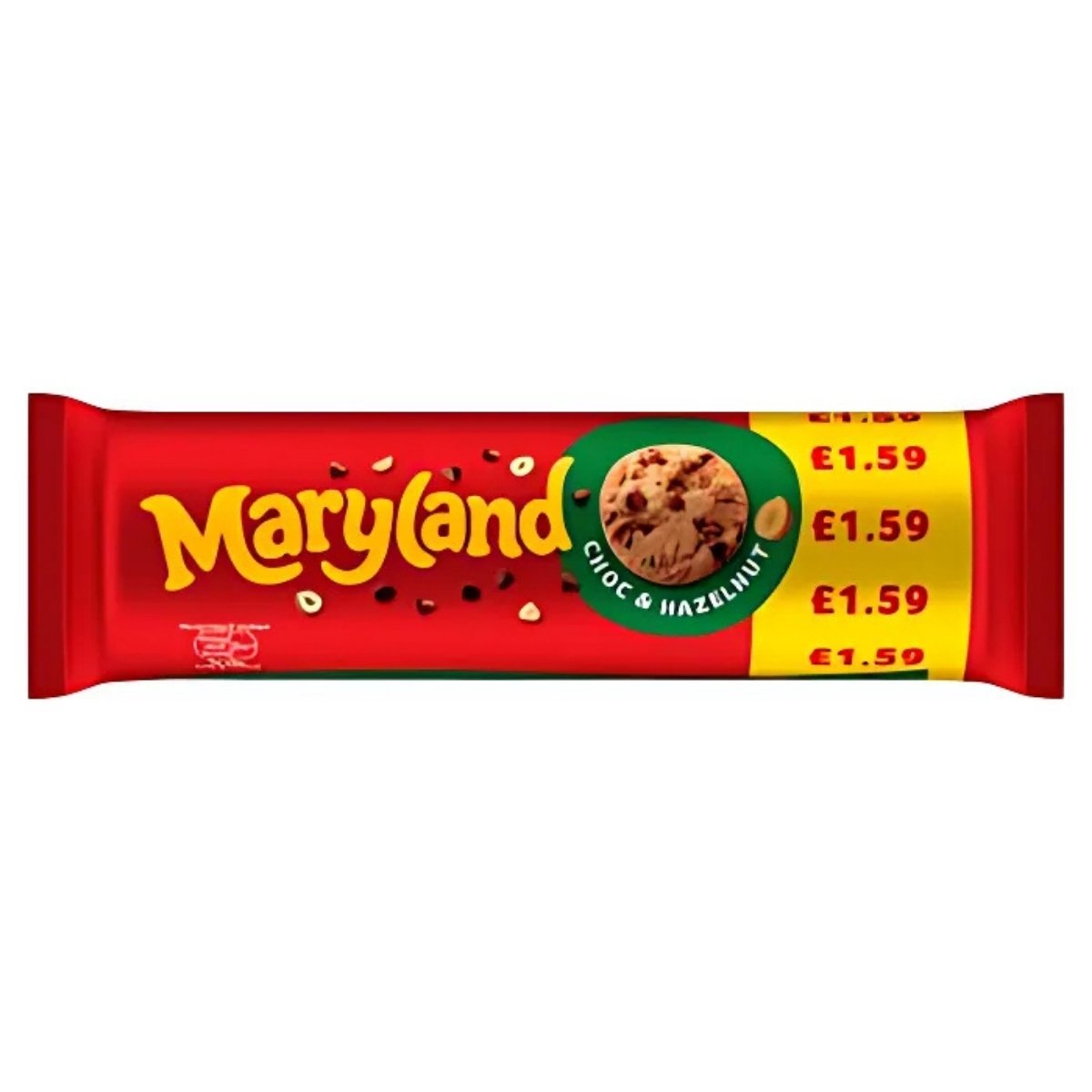 The vibrant red packaging of Maryland - Chocolate And Hazelnut Cookies - 200g, ideal for anyone with a sweet tooth, showcases a tempting cookie image and multiple price tags of £1.59.