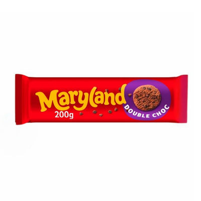 Maryland - Cookies Double Choc, 200g, in a red package featuring an image of delectable double chocolate cookies with crunchy chocolate chips.