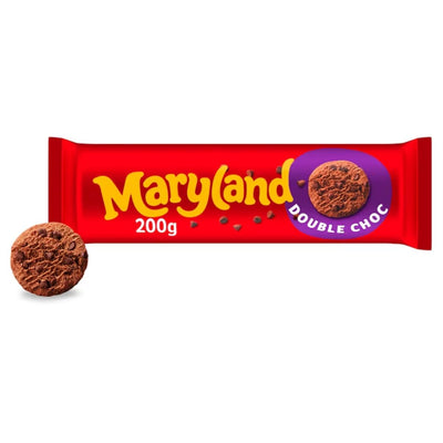 A 200g pack of Maryland Double Choc Cookies is displayed, featuring one cookie beside the bright red packaging—loaded with chocolate chips for a rich, indulgent treat.