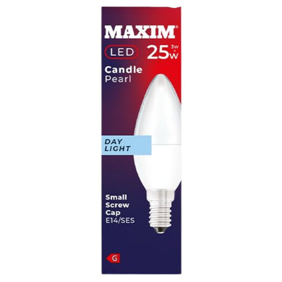 Maxim LED candle bulb packaging with daylight color on a white background