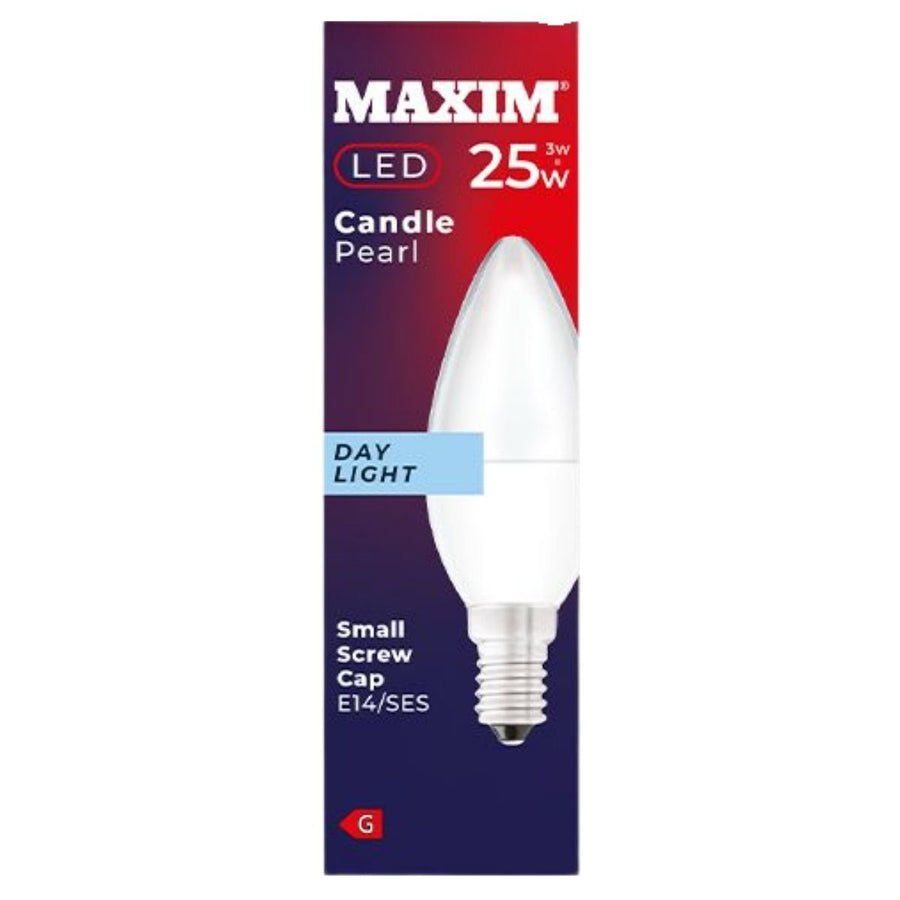 Maxim LED candle bulb packaging with daylight color on a white background