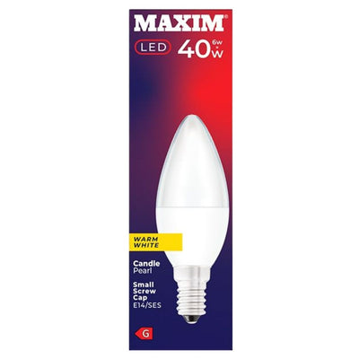 Maxim LED candle bulb packaging with white bulb on a blue and red background