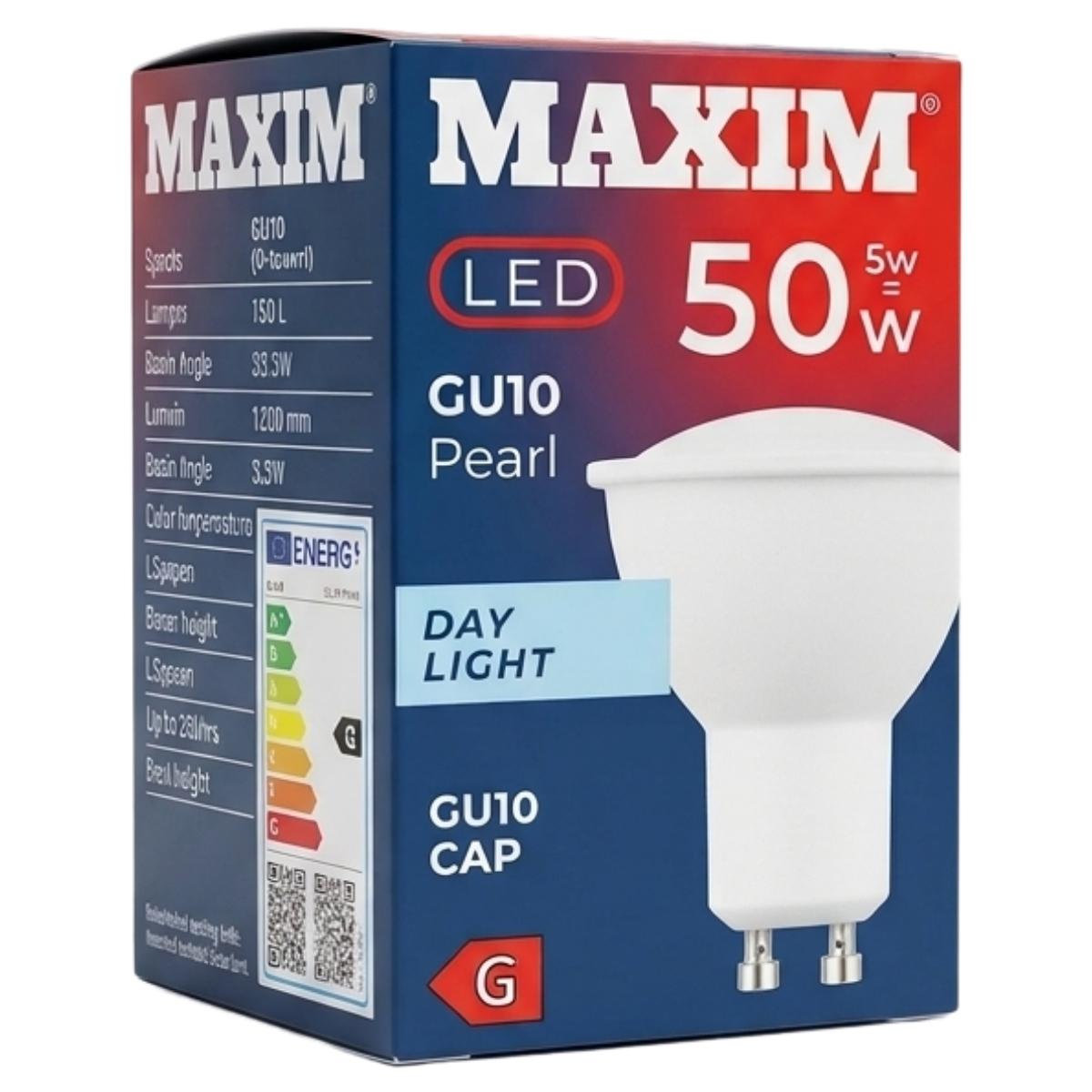 MAXIM LED GU10 pearl light bulb packaging with specifications on a white background