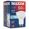 MAXIM LED GU10 pearl light bulb packaging with specifications on a white background