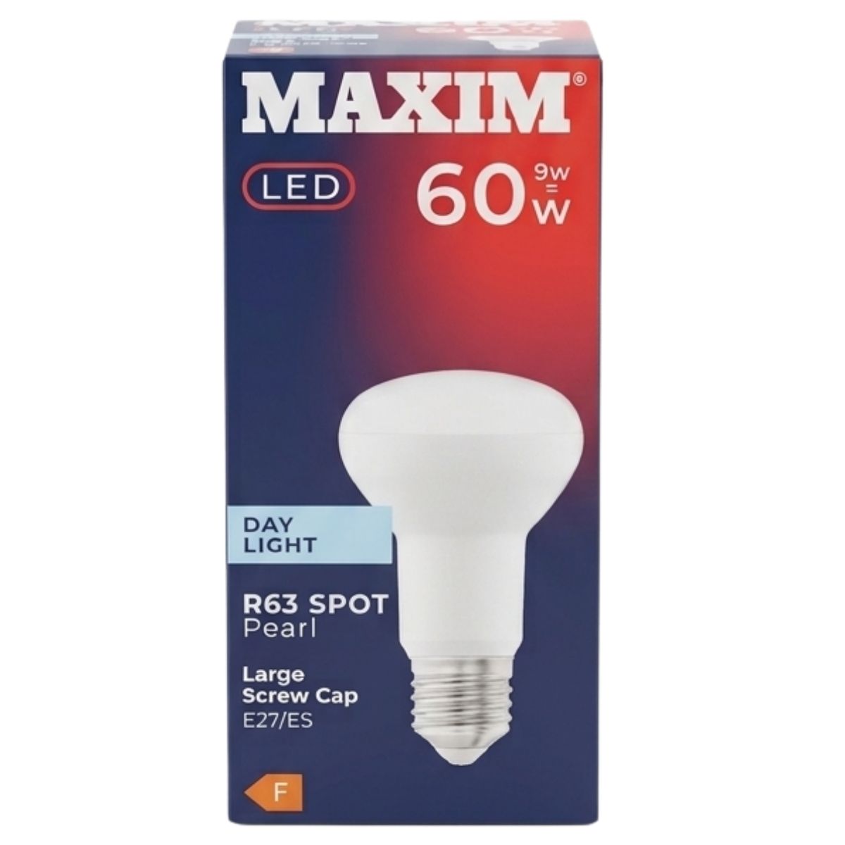 Maxim LED light bulb packaging with a blue and red design.