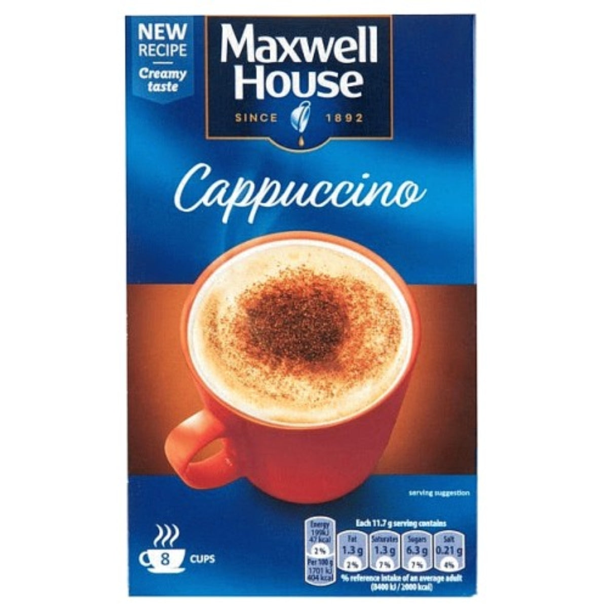 Maxwell House - Cappuccino Instant Coffee Sachets - 8x12g by Maxwell features a red cup of cappuccino topped with foam and cocoa powder on the box and makes 8 cups. The convenient box includes easy-to-use instant coffee sachets and clearly displays nutritional information.