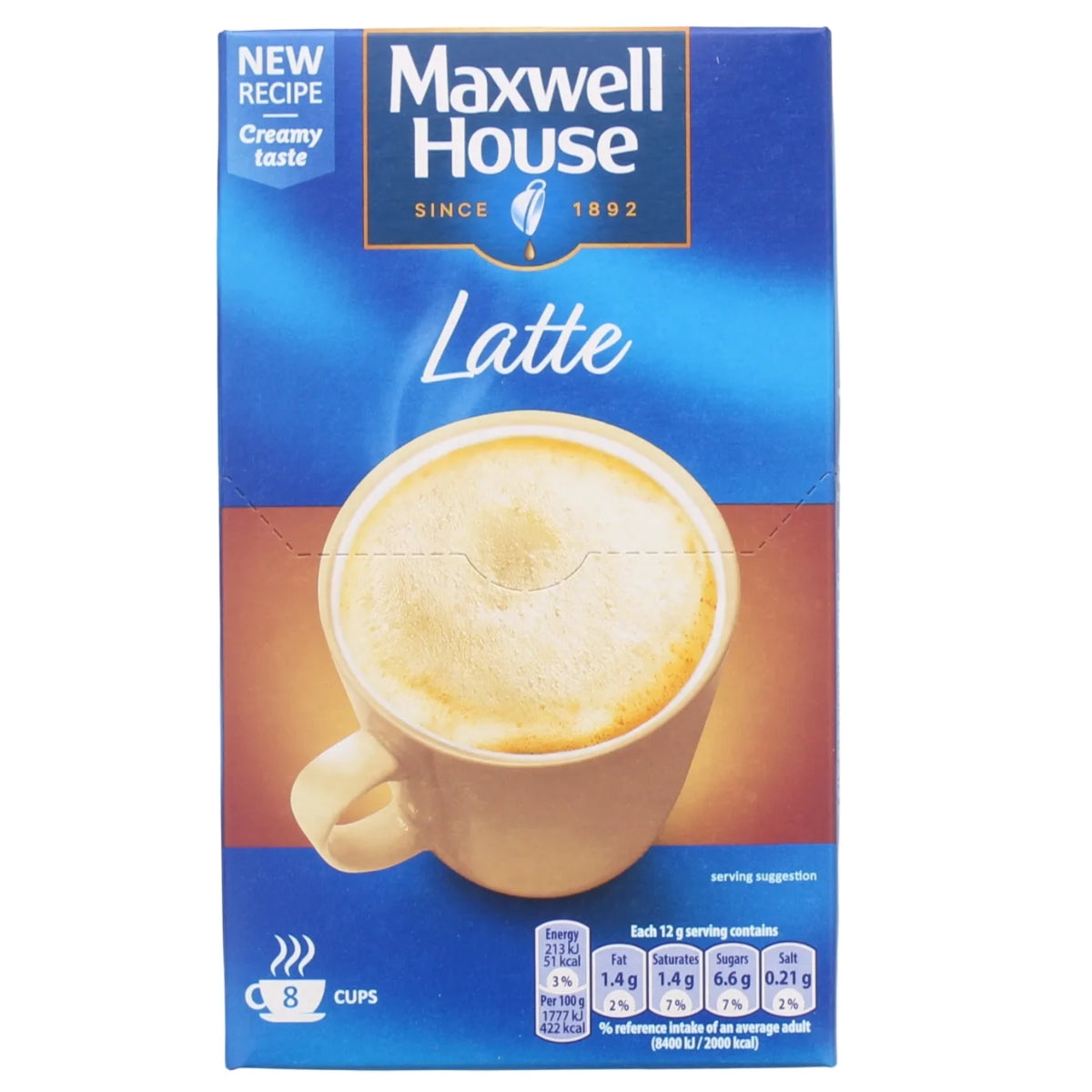 A box of Maxwell House Latte coffee mix, featuring a blue and brown package design with a photo of a frothy latte cup on the front.