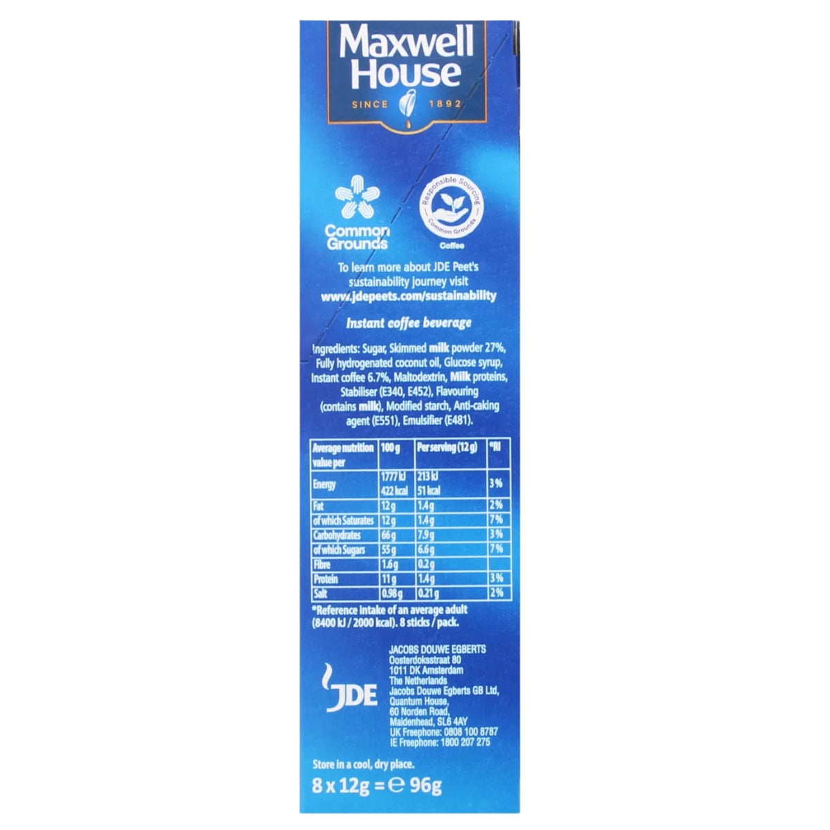 The back packaging of a blue box of Maxwell House Instant Coffee, showing the ingredients, nutrition facts, and storage instructions on a white background.
