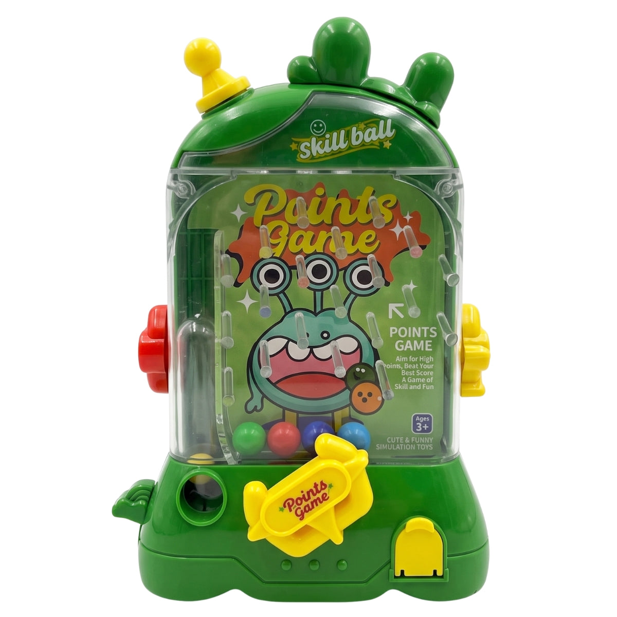 Skill Ball Points Game toy, featuring a green plastic machine with a clear front window displaying a cartoon alien and colorful balls, with yellow, red, and green buttons on a white background.