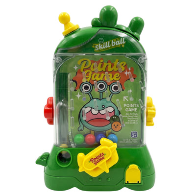 Skill Ball Points Game toy, featuring a green plastic machine with a clear front window displaying a cartoon alien and colorful balls, with yellow, red, and green buttons on a white background.