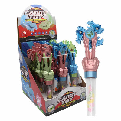 Maxxi Toys offers a Dino Finger Gyroscope And Candy - 5g box with dinosaur-themed candies and colorful finger gyroscopes, featuring one toy displayed outside the box for a mix of sweet entertainment and spinning fun.
