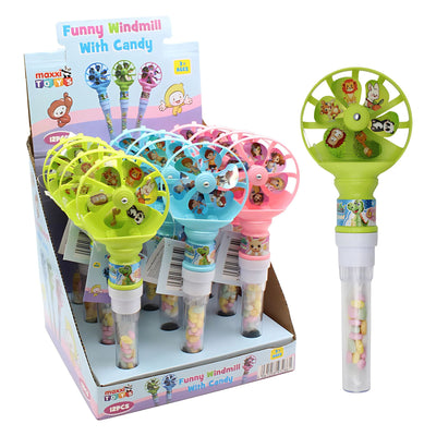Display box of Maxxi Toys - Funny Windmill With Candy - 5g, each with a colorful animal windmill toy and a tube of pastel candy—great as party favors for kids' celebrations.