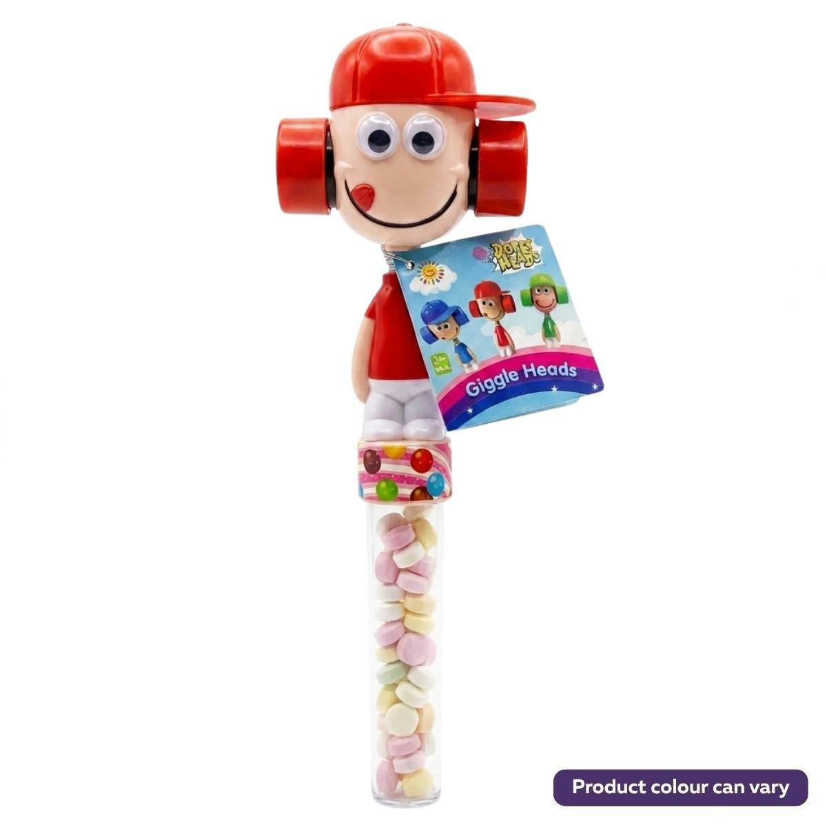 Maxxi Toys - Giggle Heads With Candy (Halal) - 5g is a novelty candy dispenser featuring a cartoon head, red cap, and a tube of pastel candy. The label reads "Giggle Heads" and the product is by Maxxi Toys.