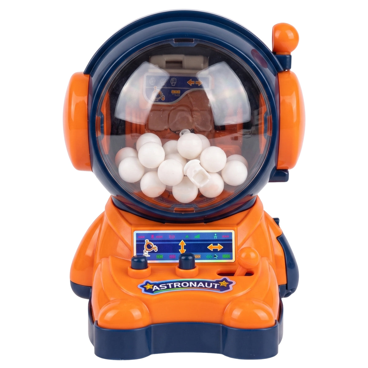 Introducing the Maxxi Toys Mini Ball Catcher Machine—a 1-piece orange and blue astronaut-themed tabletop skill game featuring a ball machine design with a clear helmet visor, control panel buttons, and filled with white balls. Perfect for kids’ points game challenges and endless fun from Maxxi Toys!.