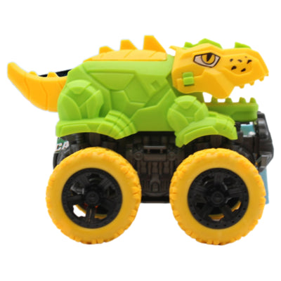 Maxxi Toys - Off Road Dino Vehicle with Candy, a lime green and yellow toy dinosaur shaped like an off-road truck with large yellow wheels.