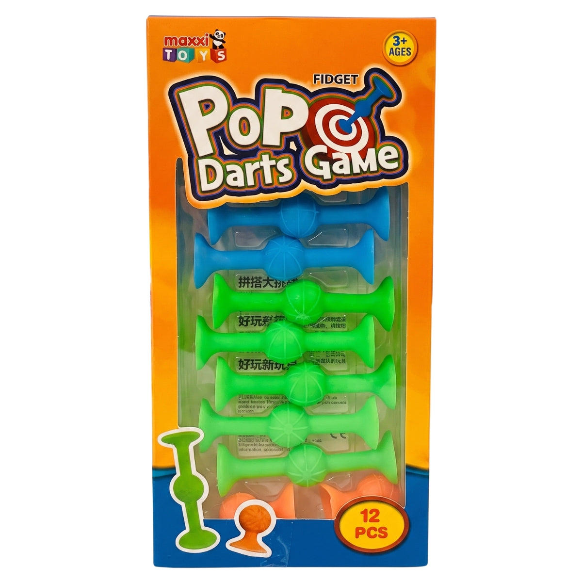 Maxxi Toys Pop Darts Game in retail packaging, containing 12 colourful plastic fidget darts in blue, green, and orange, displayed against a white background.