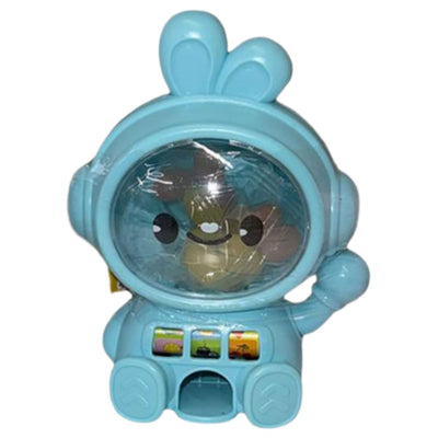 The Maxxi Toys - Rabbit Raffle Machine With Jelly Beans features a blue rabbit figure in a spacesuit with a clear helmet, cheerful face, and colorful buttons—adding playful charm to any collection.