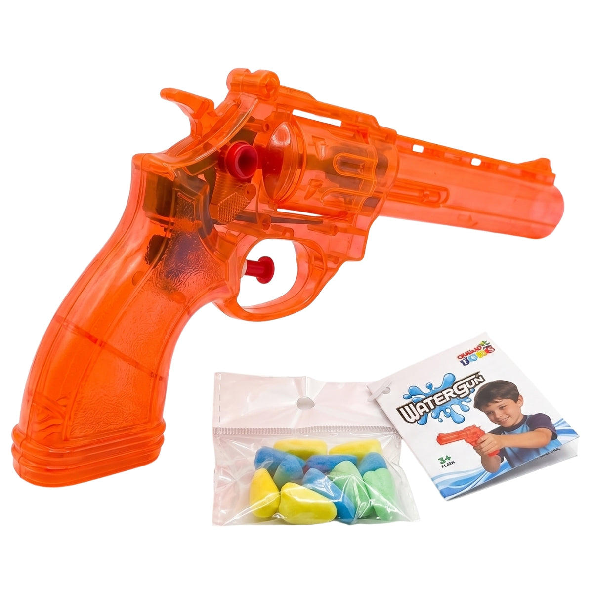 An orange translucent plastic toy revolver water gun shown with a small bag of colorful candies and a printed card on a white background.