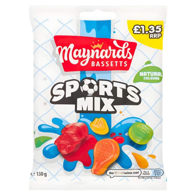 A 130g bag of Maynards Sports Mix Fruit Flavour Gums, shaped like sports gear, with natural colours and priced at £1.35.