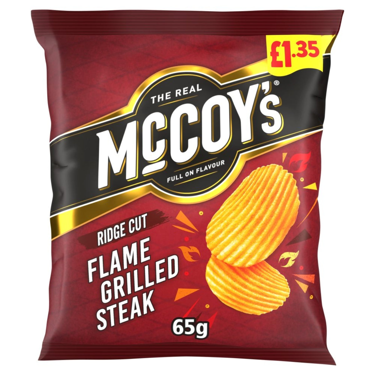 Mccoy's ridge cut flame grilled steak flavored chips packaging on a white background