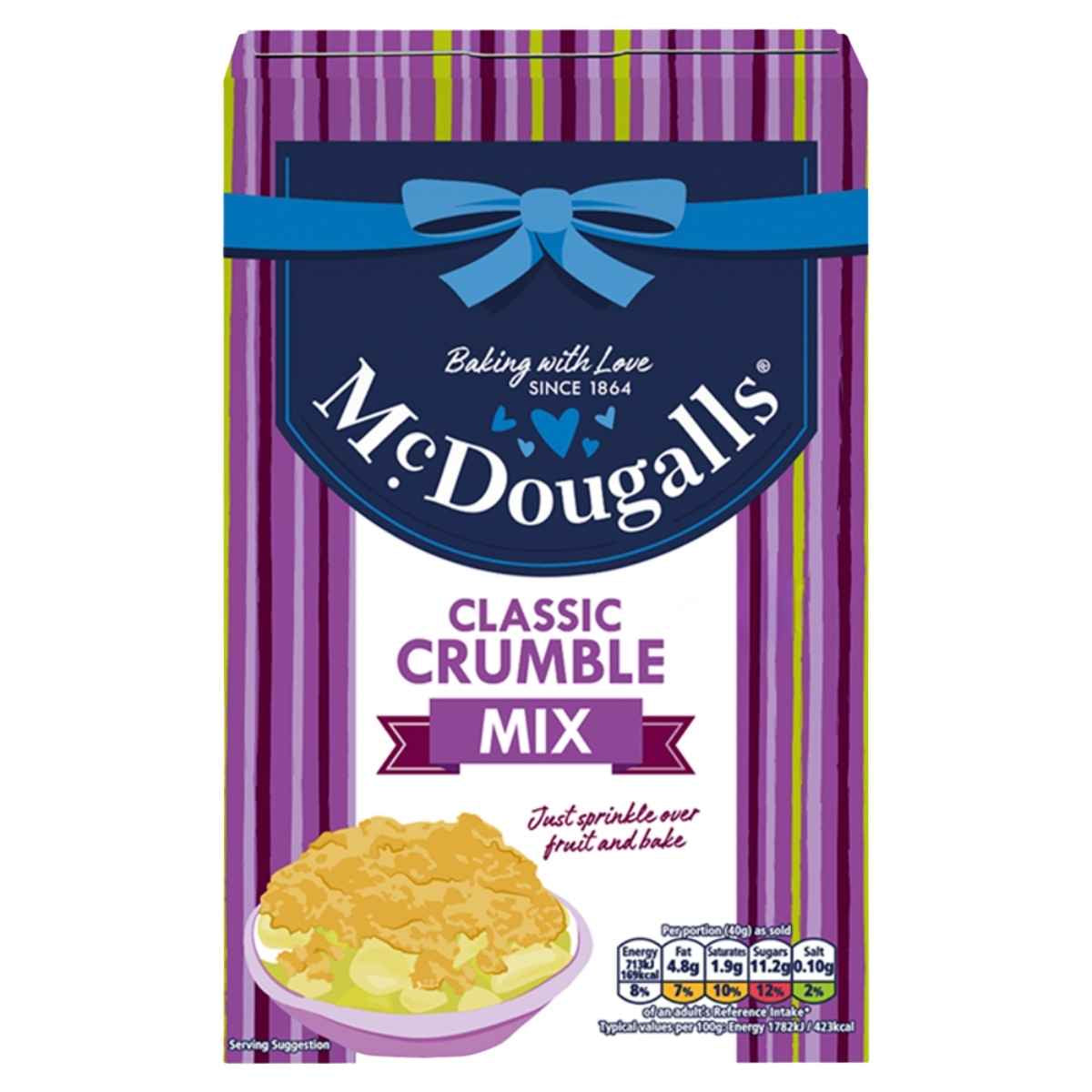 McDougalls - Classic Crumble Mix - 400g box features a purple striped design, the McDougalls brand name, and an image of delicious dessert in a bowl on the front—ideal for baking apple crumble.