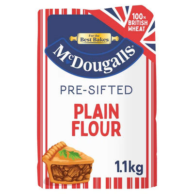 McDougalls Plain Flour 1.1kg comes pre-sifted for easy baking, features red and white stripes, a pie illustration, and a “100% British wheat” label.