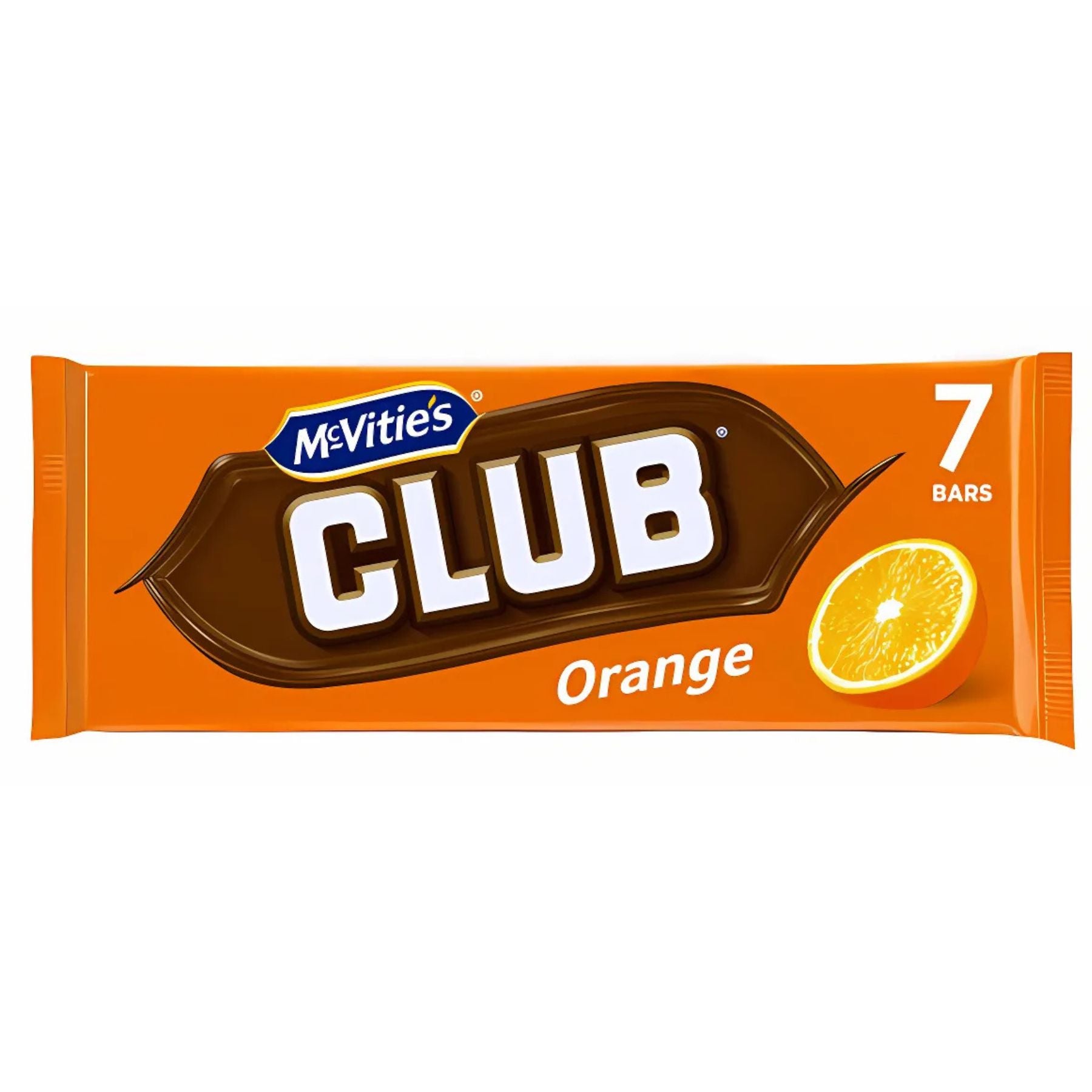 McVitie's Club Orange Chocolate Bar 7x22g is a delicious chocolate snack, featuring an image of an orange slice and the text "7 bars" on a vibrant orange pack.