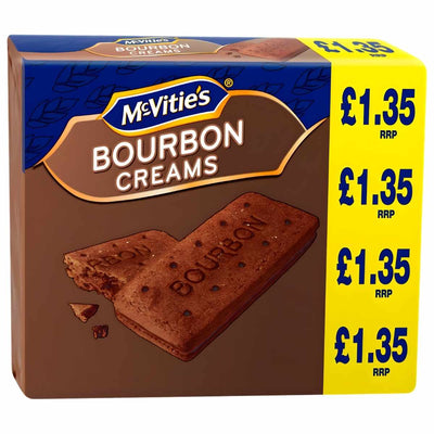 A 300g pack of McVities Bourbon Cream Biscuits with chocolate flavour cream, featuring a yellow £1.35 RRP price label printed three times on the right side of the packaging.