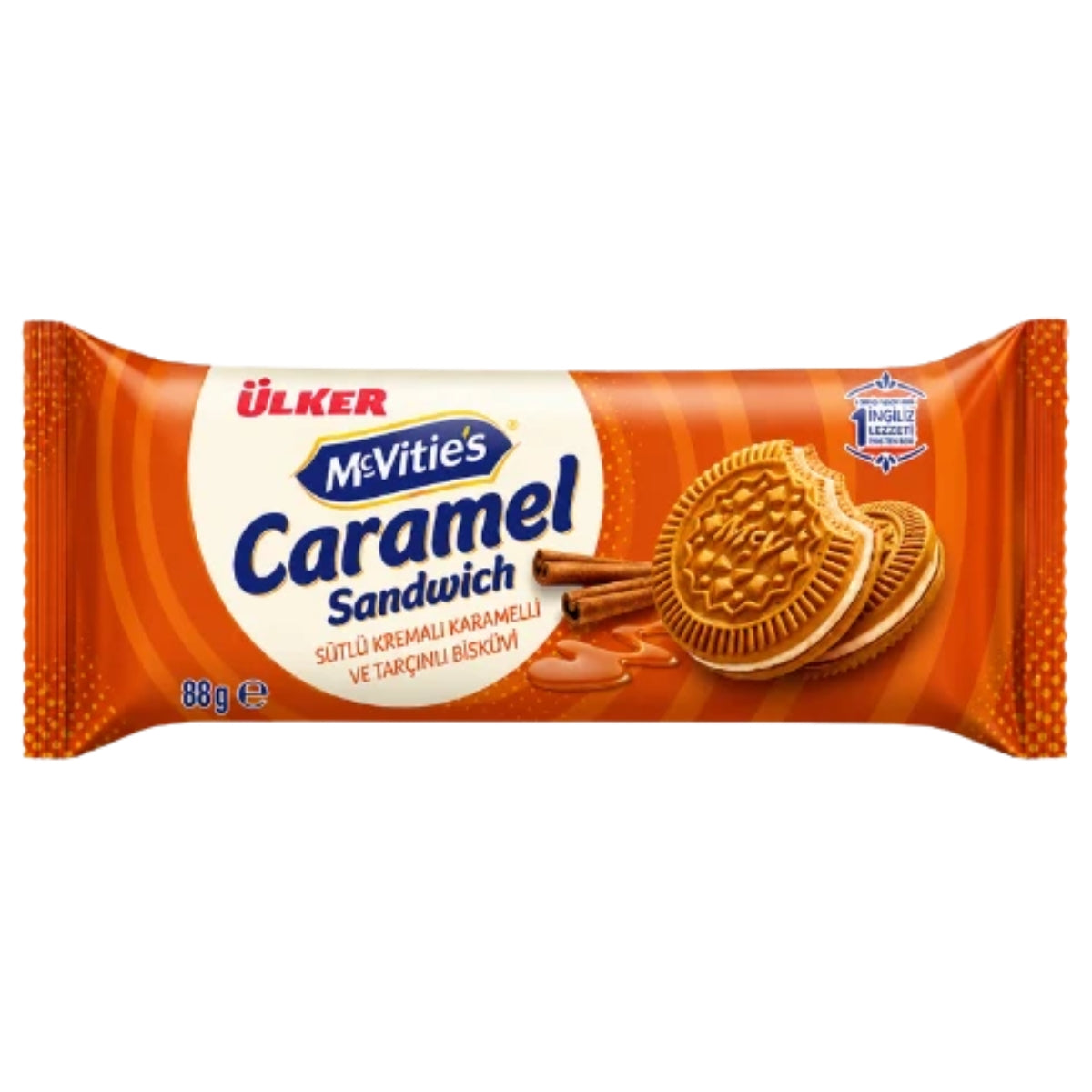 A package of Ulker McVitie's Caramel Sandwich cookies, featuring orange and white packaging with an illustration of the sandwich cookies and caramel drizzle.