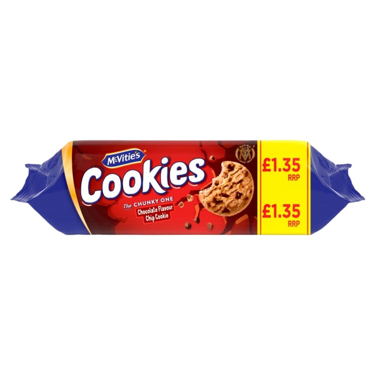A 150g pack of McVities Chocolate Chip Cookies, RRP £1.35—ideal for a delicious snack.
