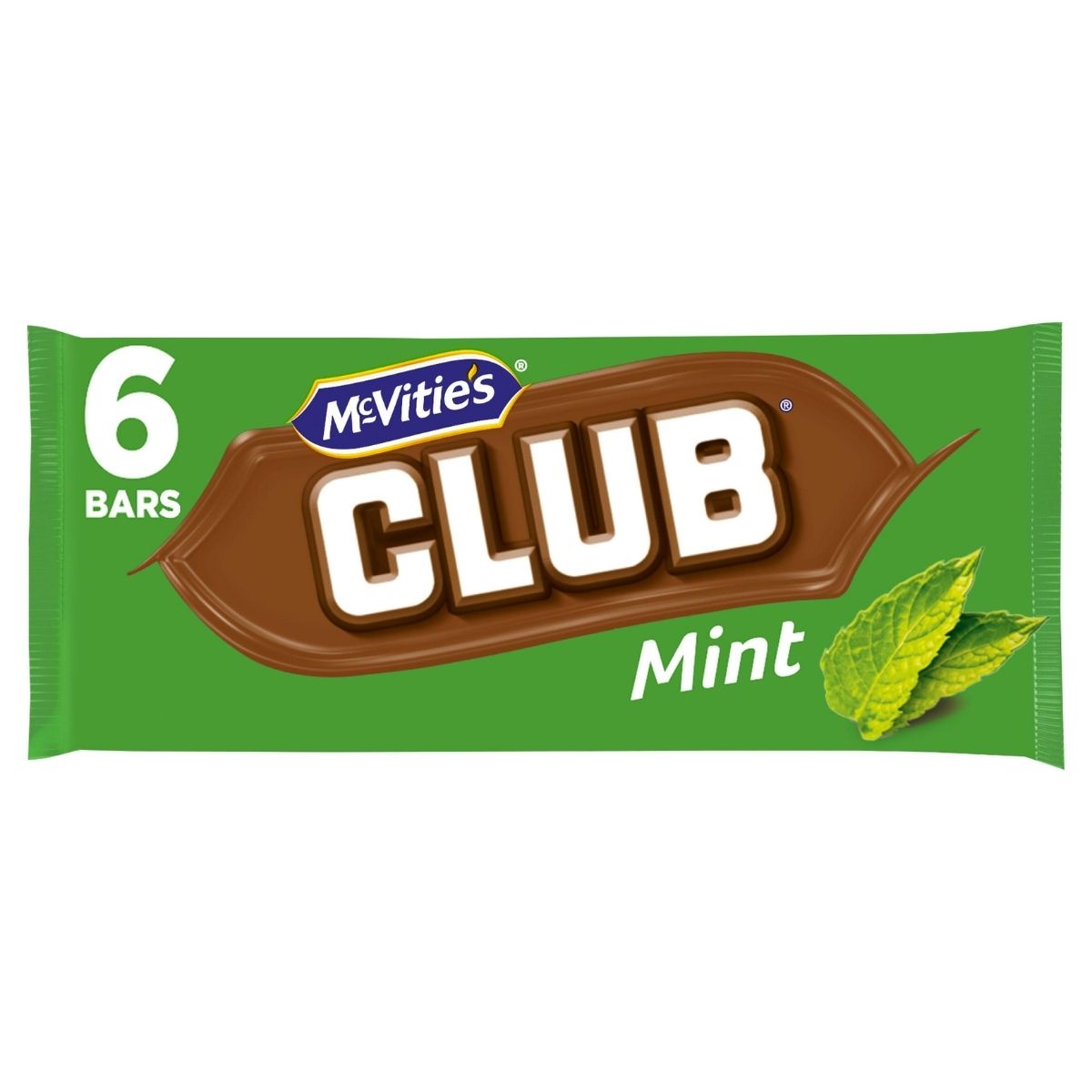 A green wrapper of McVities Club Mint (6 x 22g) displays mint leaves beside the name, highlighting this classic British chocolate bar as an ideal on-the-go snack.