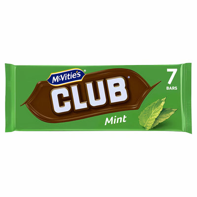 The McVities Club Mint Chocolate Bar 7 x 22g comes in a green wrapper with the logo and mint leaves, proudly highlighting this classic British favourite—each pack contains 7 delicious mint chocolate bars.