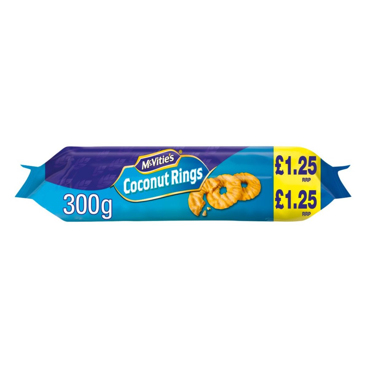 A bar of McVities - Coconut Rings Biscuits - 300g on a white background.
