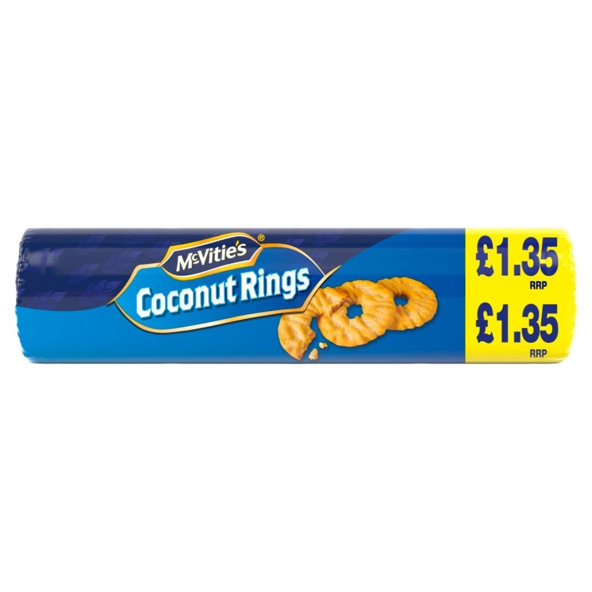 A 300g pack of McVitie’s Coconut Rings Biscuits features crisp texture and exotic coconut flavour, with a blue packet and a yellow £1.35 RRP label.