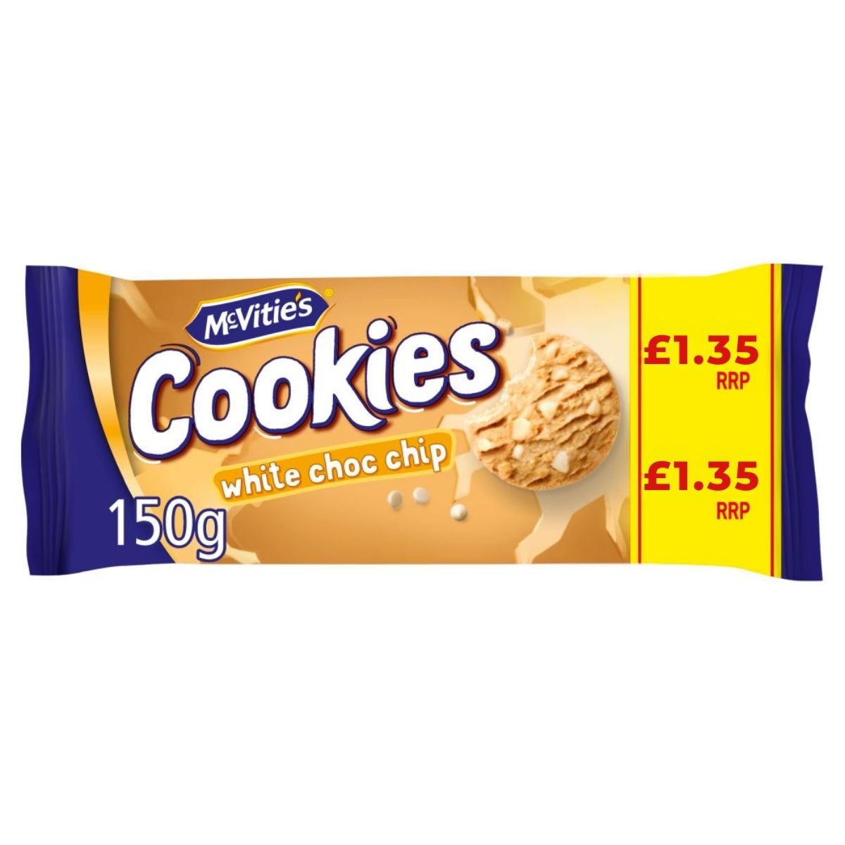 McVities - Cookies White Choc Chip, 150g, priced at £1.35, features smooth white chocolate chips.