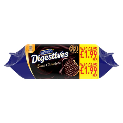 A 266g pack of McVities - Digestives Dark Chocolate Biscuits with a price tag showing a reduction from £2.25 to £1.99.