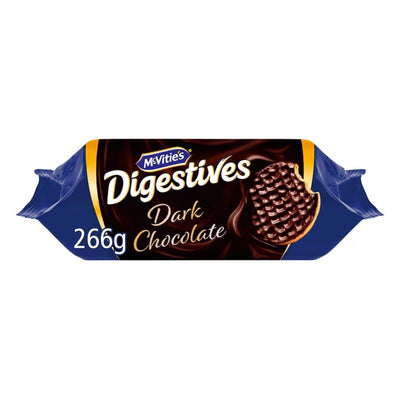 A 266g package of McVitie's Digestives Dark Chocolate Biscuits features a tempting chocolate-covered snack image on the front, offering a perfect balance of taste and texture with whole wheat goodness.