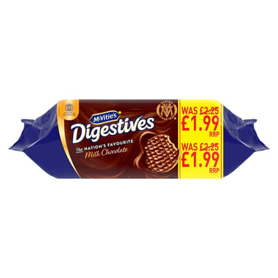 A package of McVitie's Digestives Milk Chocolate sandwich cookies, featuring a dark brown wrapper with blue ends and a yellow price label on the right side.